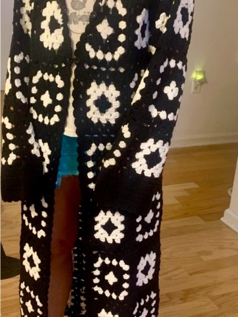 AKIRA Black & White Crochet Maxi Coat with Faux Fur Collar